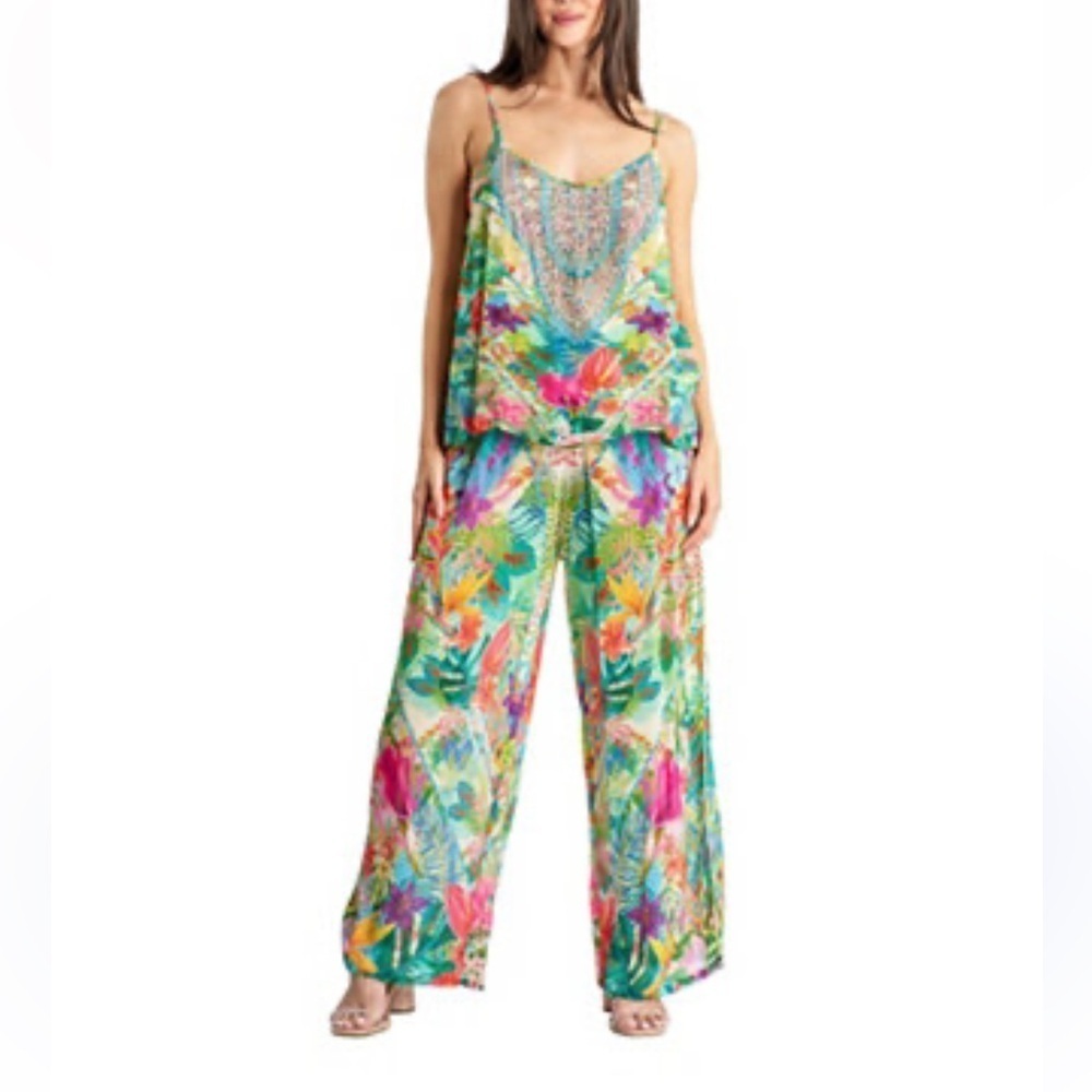 Printed silk BoHo vacation pant set beaded neckline blue floral paisley m/L - Picture 10 of 10